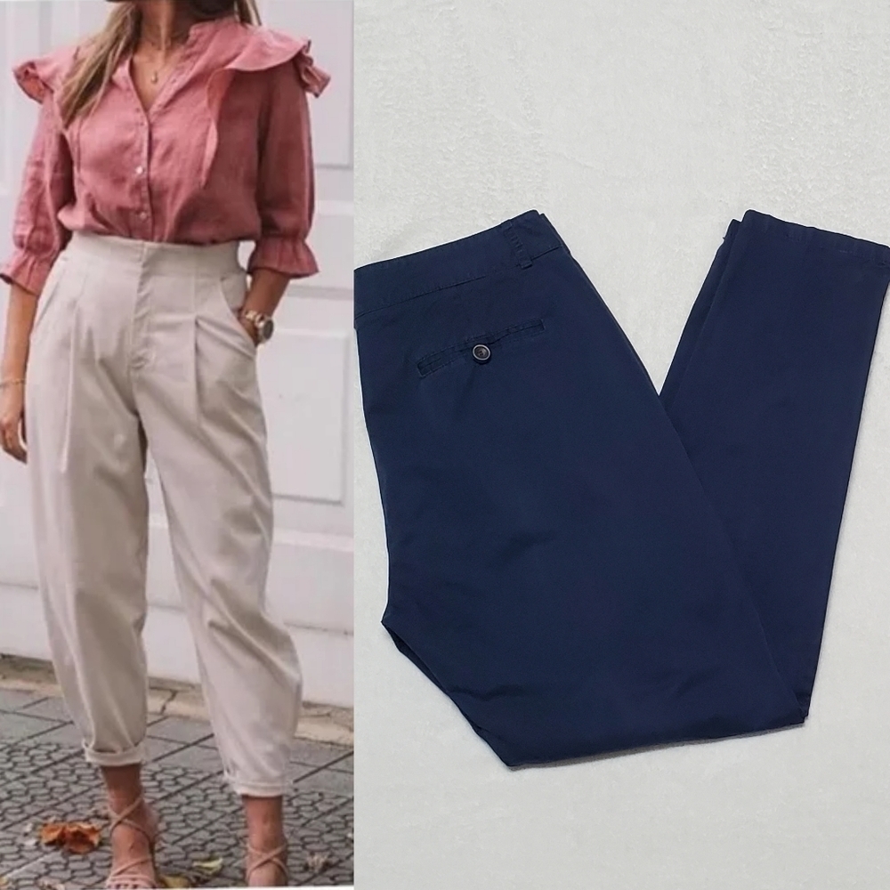 Zara Blogger Favorite Carrot Fit Blue Cotton Pleated Waist Tapered Ankle Trouser
